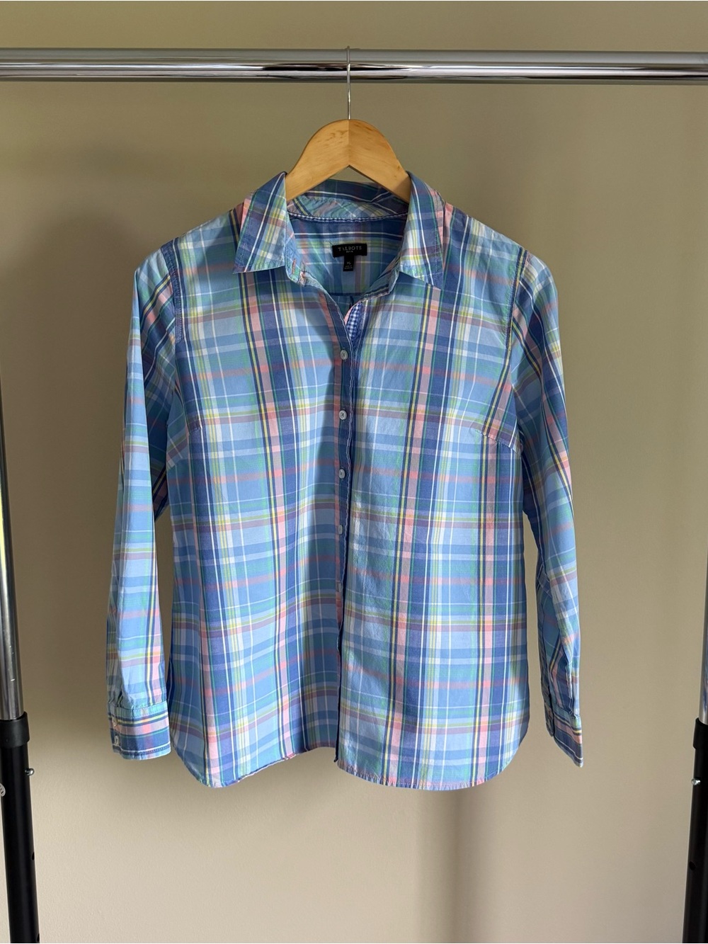 Talbots Pastel Plaid 100% Cotton Button-Down Shirt - Light Blue & Pink